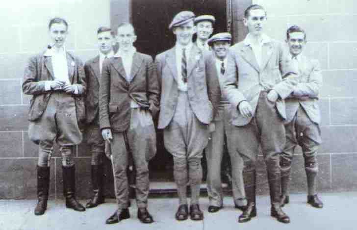 Cornet W. Robinson visits Newcastleton in 1937 flanked by his Right-Hand Man Rob Borthwick, and Left-Hand Man Stewart Paisley, also on the left is John Paterson, ?, and at the back are ?, ?, and Archie Irving