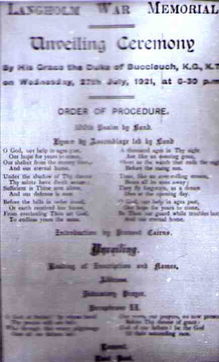 The notice informing the townspeople of the date of Langholm War Memorial unveiling